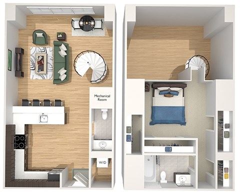 Floor plan for 1 bed, 1.5 baths, 740 sqft